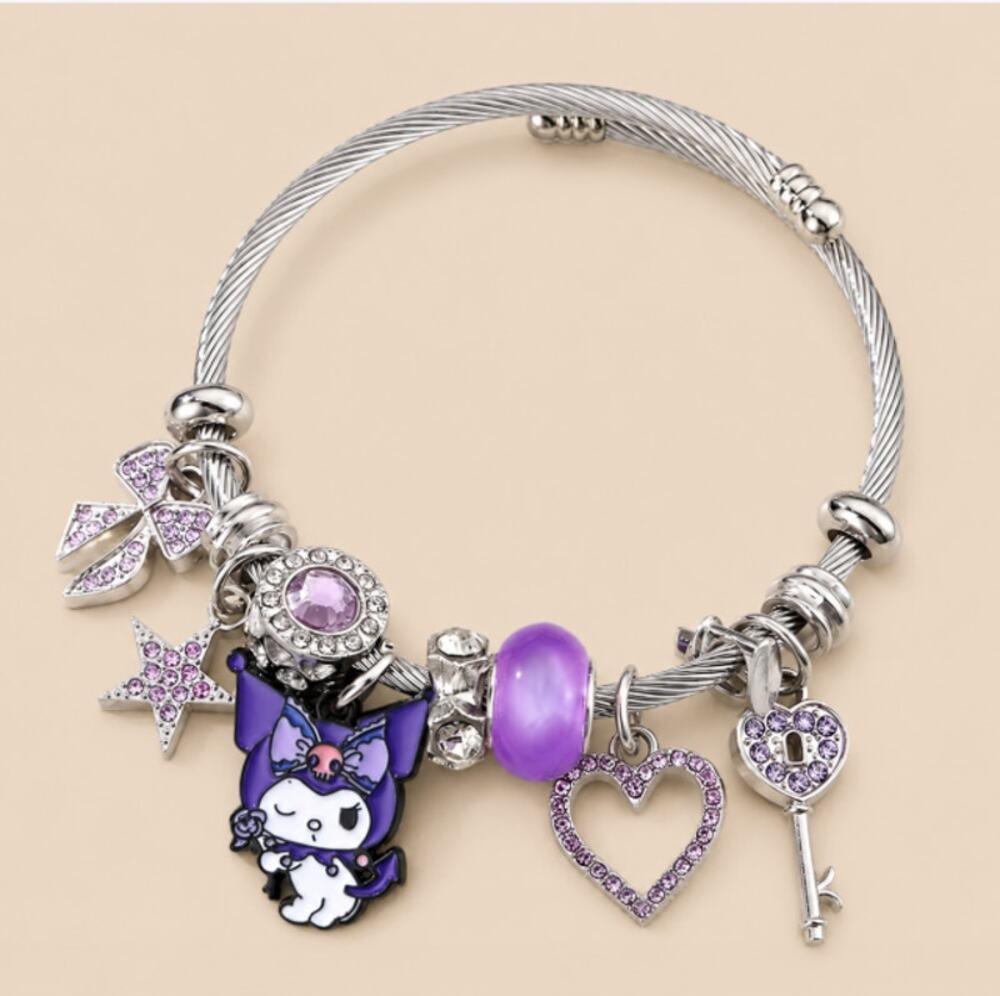 Sanrio Kuromi Pendant Charm Bracelet Purple Colors on Silver Tone Metal